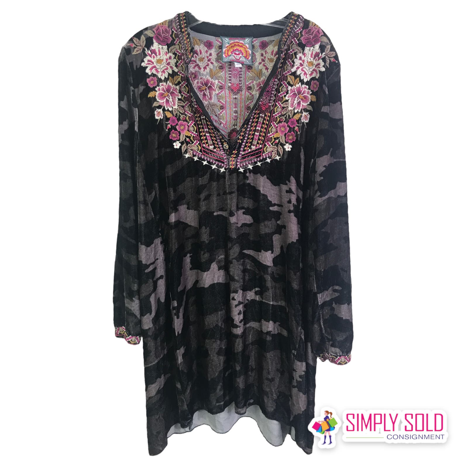 Johnny Was Women Embroidered Tunic Top Black Burnout Velvet Floral Silk S $380